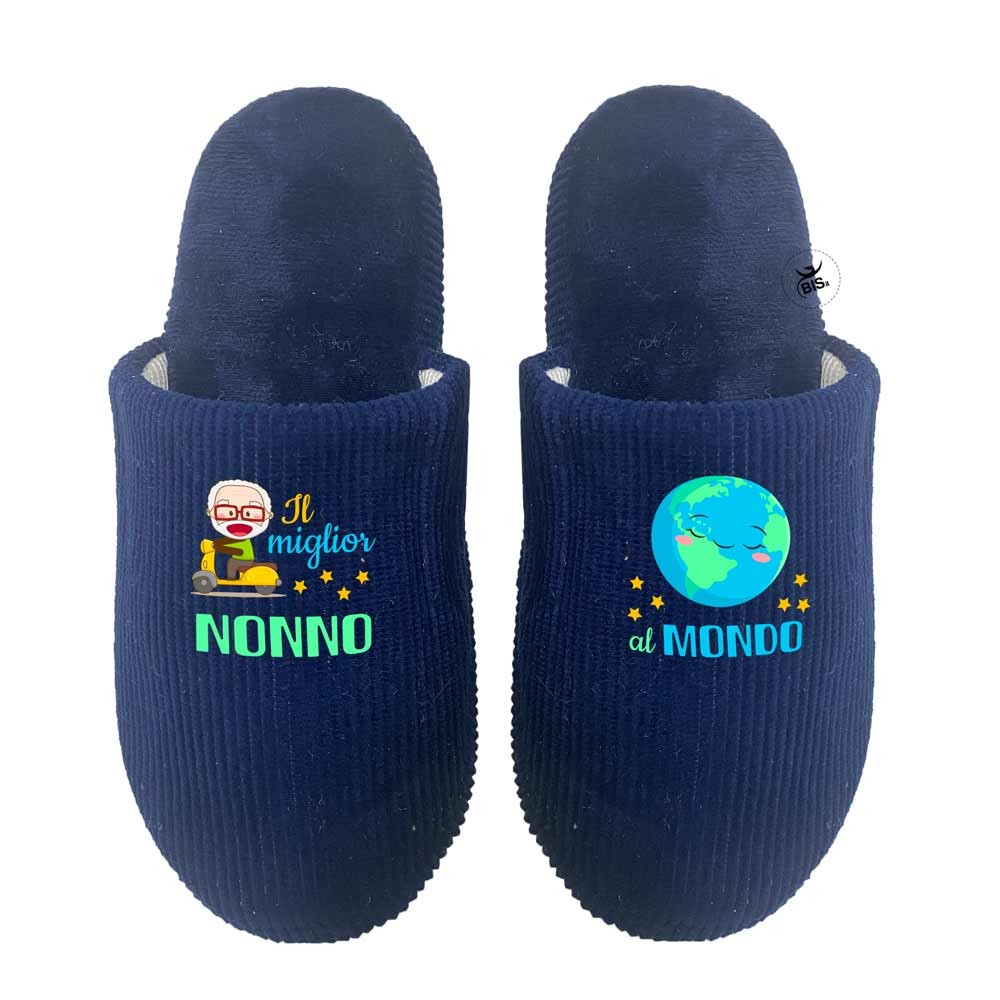 Pantofole effetto velluto "Il Miglior Nonno del Mondo" blu