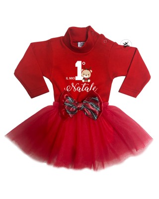 Abitino neonata con gonna in tulle "Il mio primo Natale" con fiocco tartan