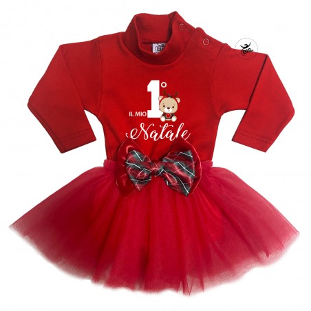 Abitino neonata con gonna in tulle "Il mio primo Natale" con fiocco tartan