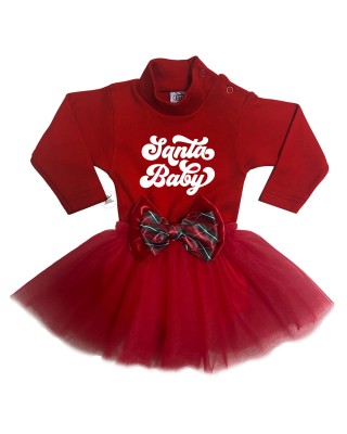 Abitino neonata con gonna in tulle "Santa Baby" con fiocco tartan