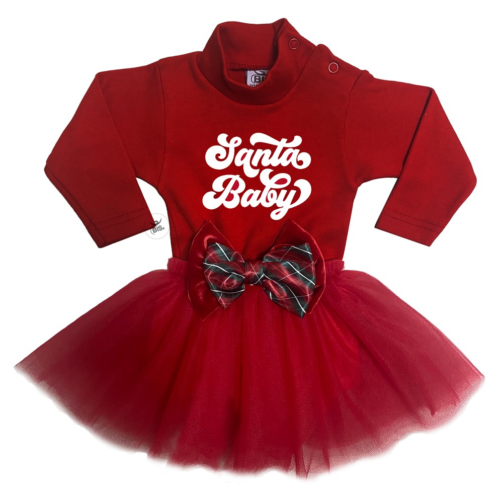 Abitino neonata con gonna in tulle "Santa Baby" con fiocco tartan