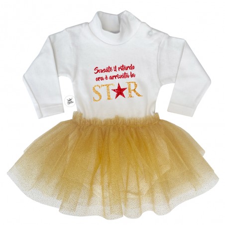 Abitino neonata con tulle glitter "Scusate il ritardo ma è arrivata la star" oro