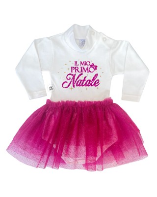 Abitino neonata con tulle glitter "Il mio primo Natale" fuxia