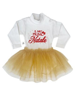 Abitino neonata con tulle glitter "Il mio primo Natale" oro