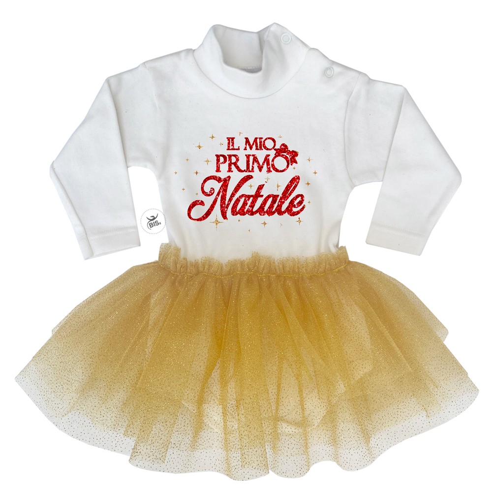 Abitino neonata con tulle glitter "Il mio primo Natale" oro