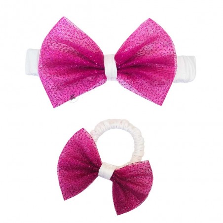 Kit fascia e codino  con fiocco in tulle fuxia glitterato