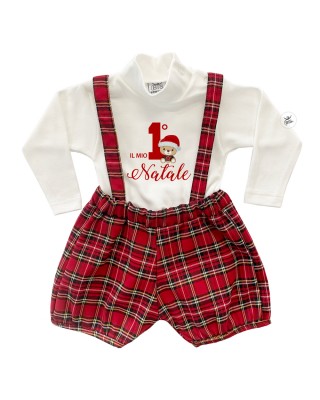 Completo con salopette tartan "Il mio primo Natale"