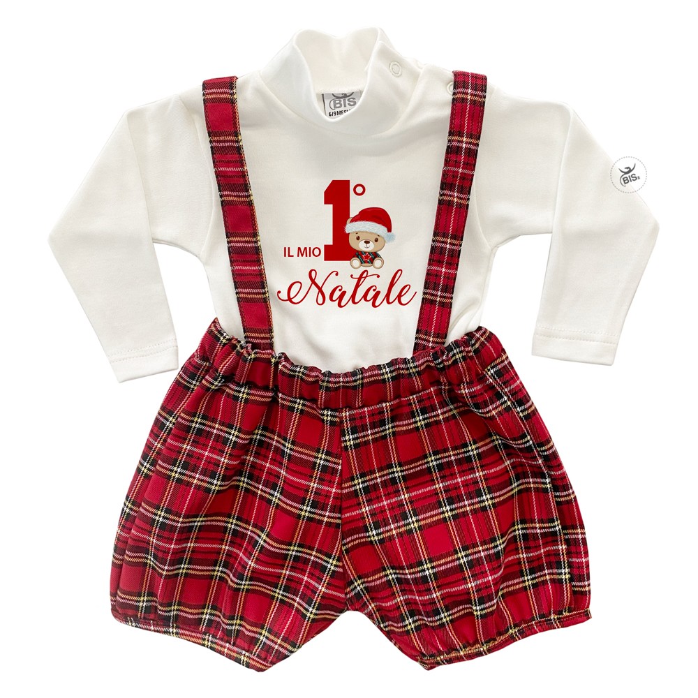 Completo con salopette tartan "Il mio primo Natale"