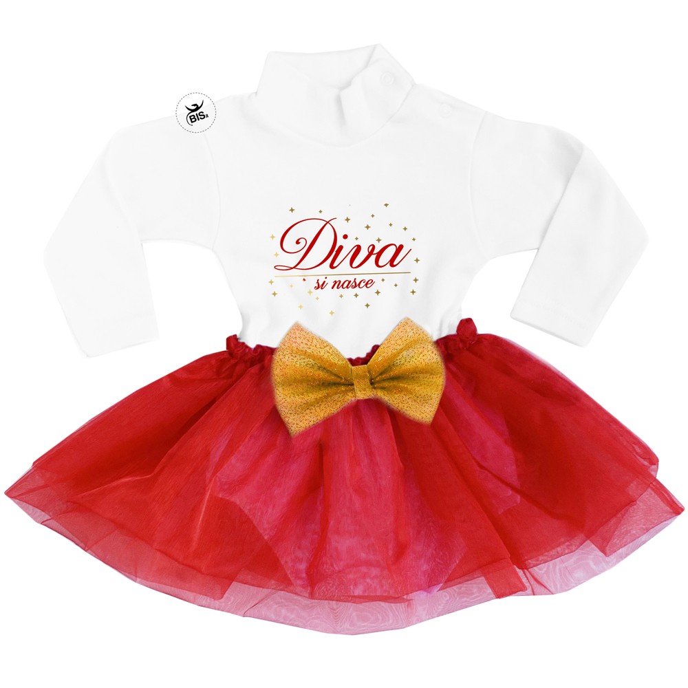 Abitino neonata con gonna in organza "Diva si nasce" con fiocco in glitter