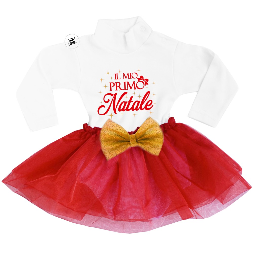 Abitino neonata con gonna in organza "Il mio primo Natale" con fiocco in glitter