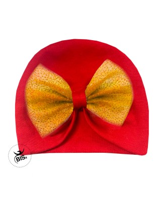 Cappello turbante rosso con fiocco in tulle glitter