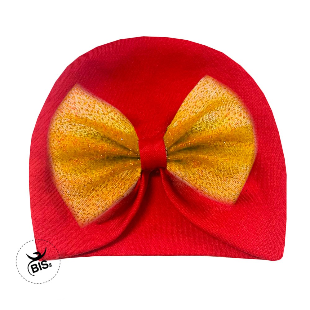 Cappello turbante rosso con fiocco in tulle glitter