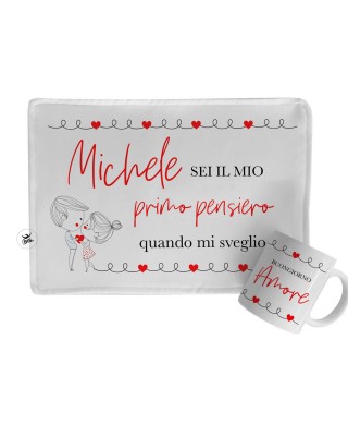 Kit regalo Tovaglietta in tessuto + Tazza "Buongiorno Amore" da personalizzare