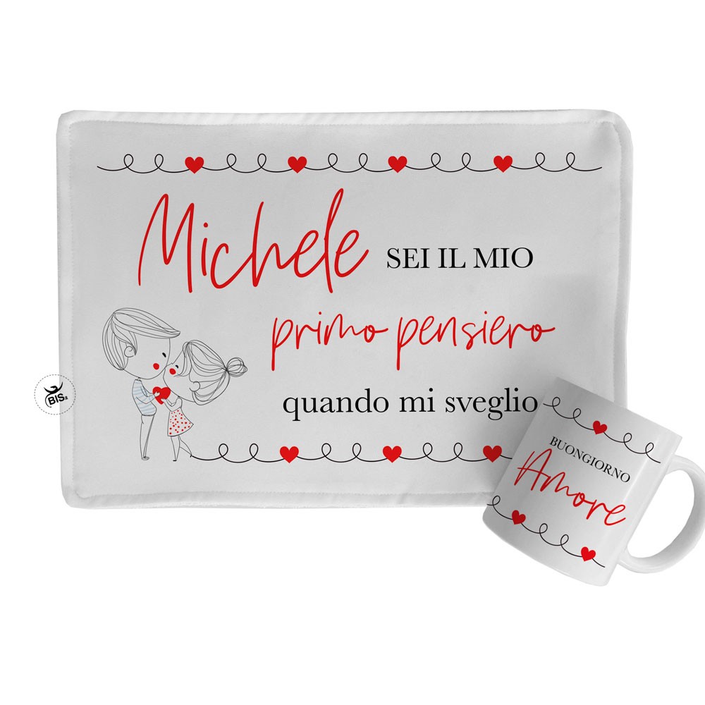 Kit regalo Tovaglietta in tessuto + Tazza "Buongiorno Amore" da personalizzare