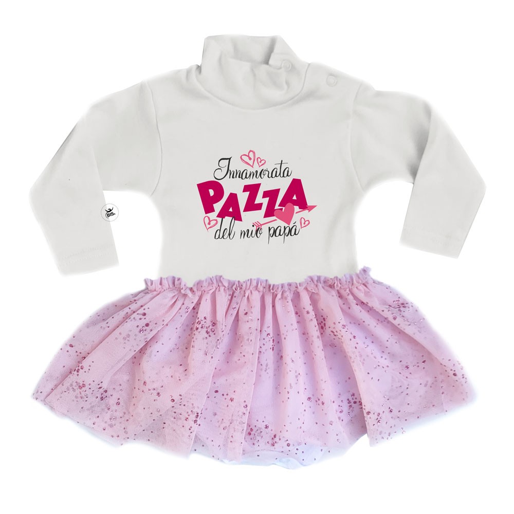 Abitino neonata con gonna in tulle glitterata "Innamorata pazza del mio papà"