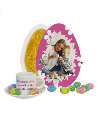 Confezione regalo "Pasqua" con cioccolatini e tazzina con piatto in ceramica da personalizzare