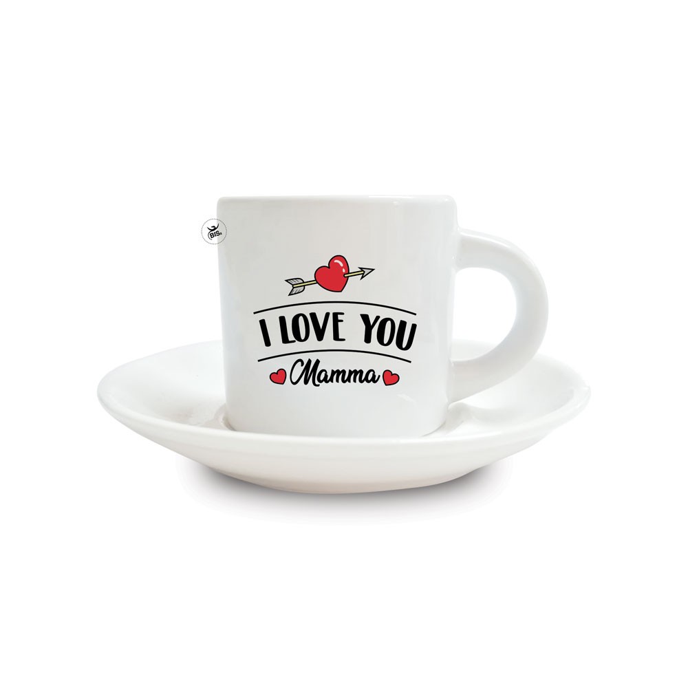 Tazzina da caffè con piattino in ceramica "I love you" da personalizzare