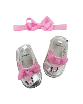 Sandalo neonata argento "Minnie" con fascia e fiocco rosa