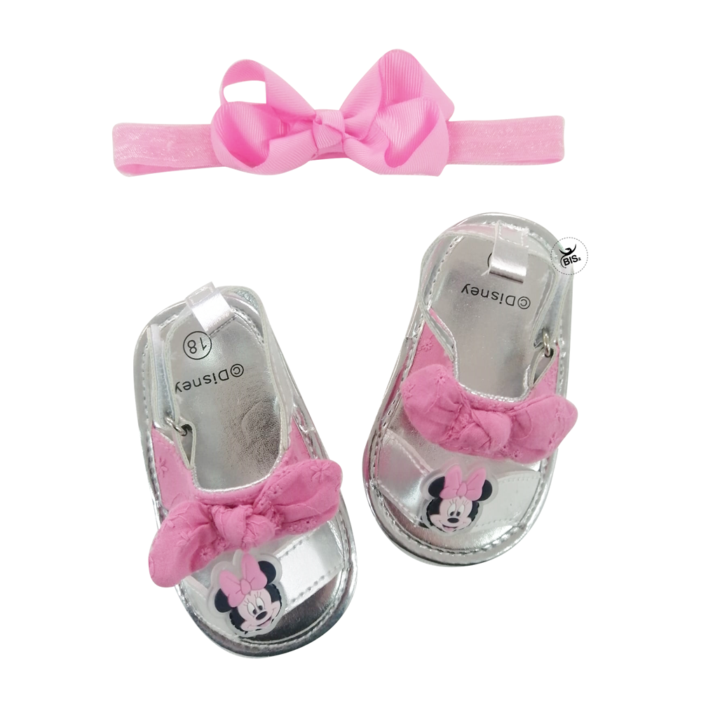 Sandalo neonata argento "Minnie" con fascia e fiocco rosa