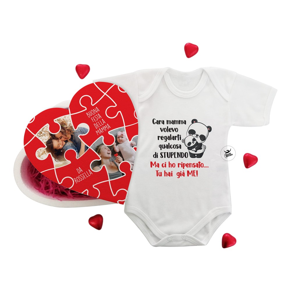 Confezione regalo "Cuore" -Buona festa della mamma- con cioccolatini e body da personalizzare