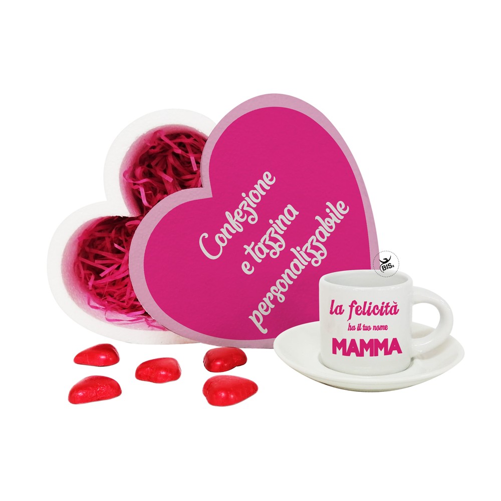 Confezione regalo "Cuore" con cioccolatini con cioccolatini e tazzina con piatto in ceramica