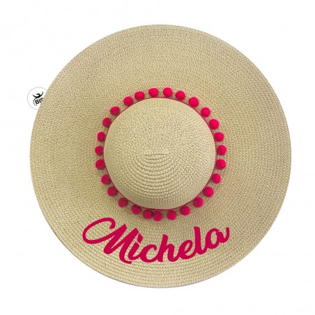 Cappello in paglia a falda larga con palline applicate  da personalizzare