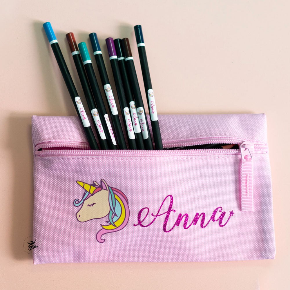 Astuccio porta penne con Unicorno e nome in glitter
