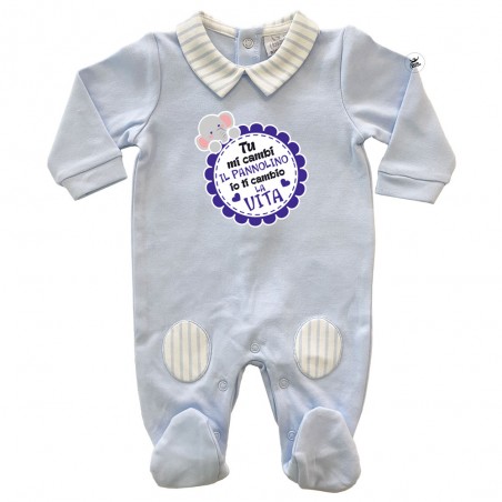 Tutina neonato caldo cotone azzurro "Tu mi cambi il pannolino io ti cambio la vita"