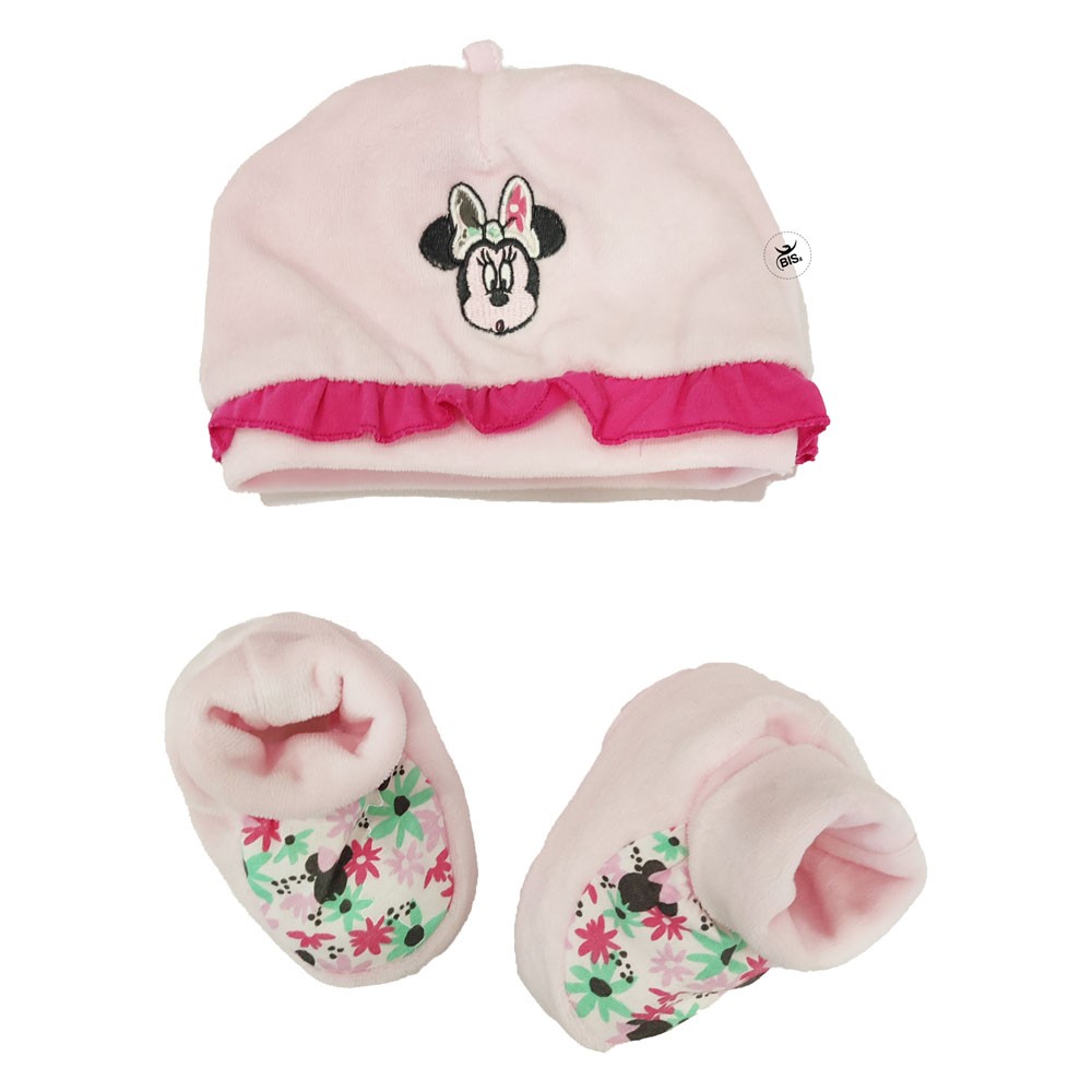 Kit cappellino e babbucce neonata "Minnie flowers" rosa