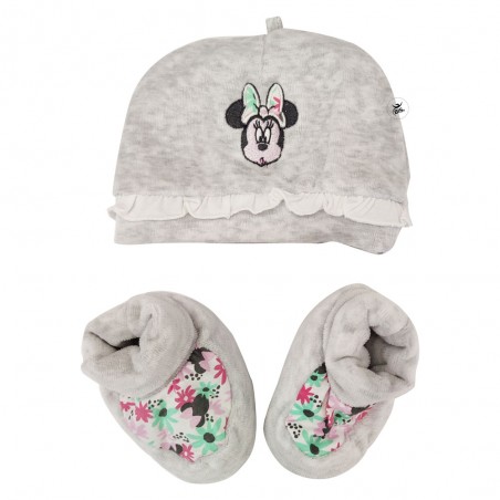 Kit cappellino e babbucce neonata "Minnie flowers" grigio