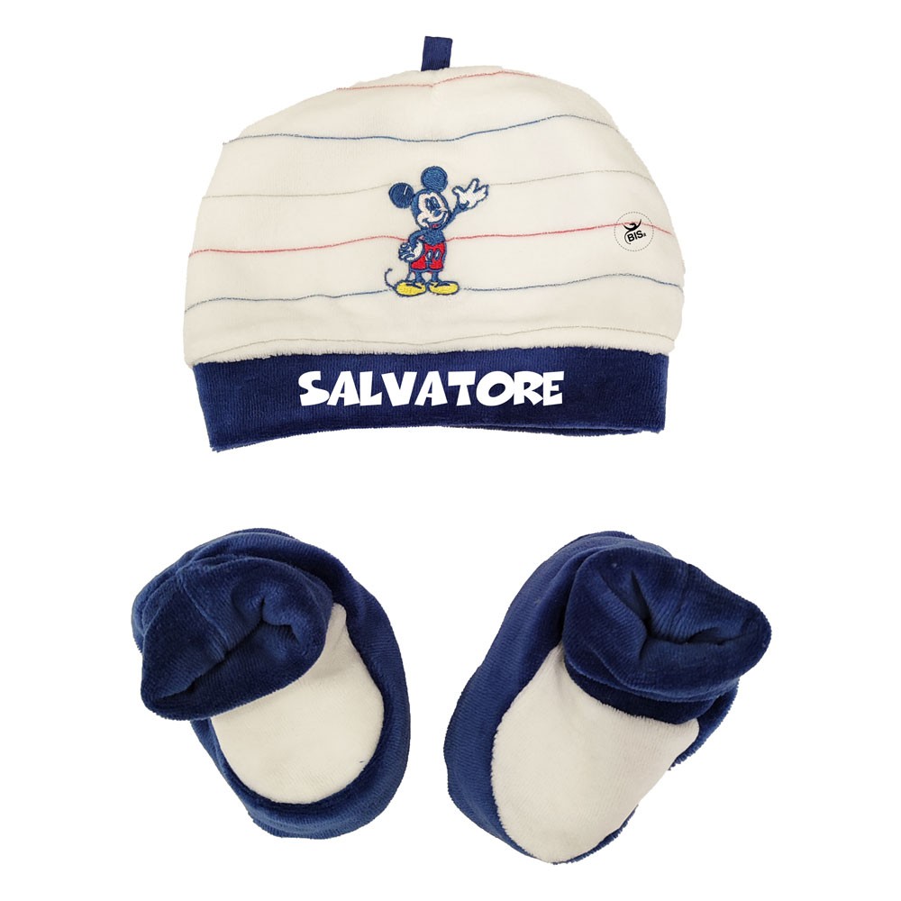 Kit cappellino e babbucce neonato "Mickey Mouse" blu