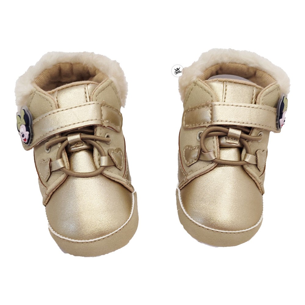 Scarpine neonata oro "Minnie" con imbottitura in pelliccia
