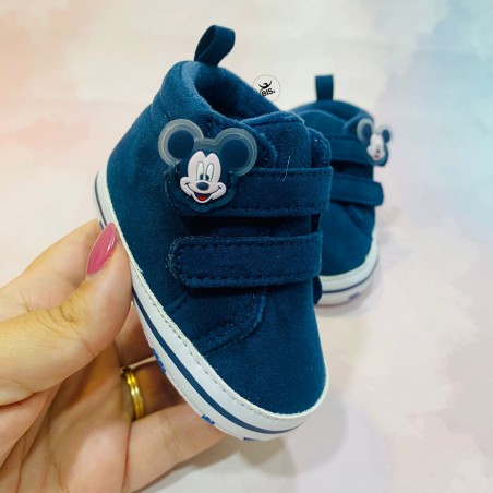 Scarpine da culla neonato "Topolino" blu effetto camoscio