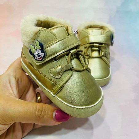 Scarpine neonata oro "Minnie" con imbottitura in pelliccia