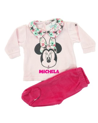Completo neonata in ciniglia "Minnie Flowers" rosa