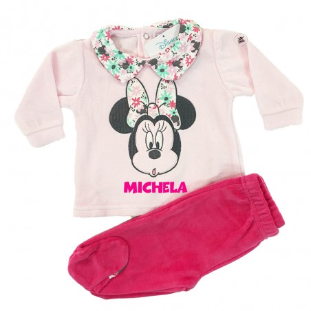 Completo neonata in ciniglia "Minnie Flowers" rosa
