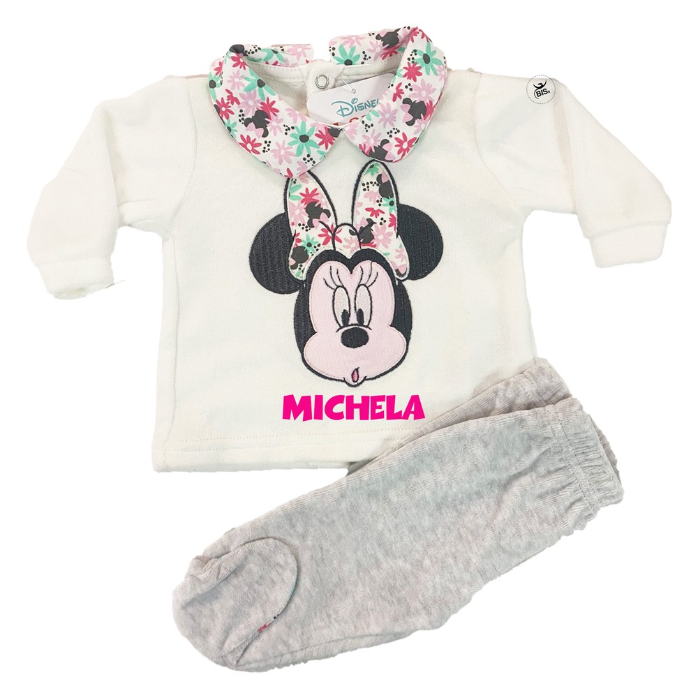 Completo neonata in ciniglia "Minnie Flowers" bianco