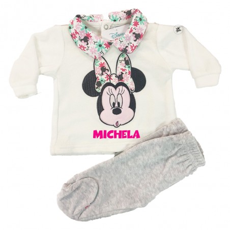Completo neonata in ciniglia "Minnie Flowers" bianco