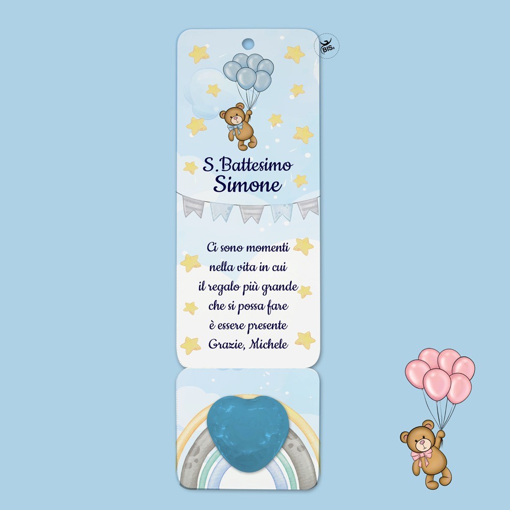 Kit 6 pz. Segna libro con saponetta a forma di cuore "Teddy collection" da personalizzare azzurro