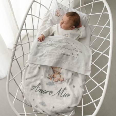Copertina in pile "nuvolette" "Bear on the moon" da personalizzare con nome