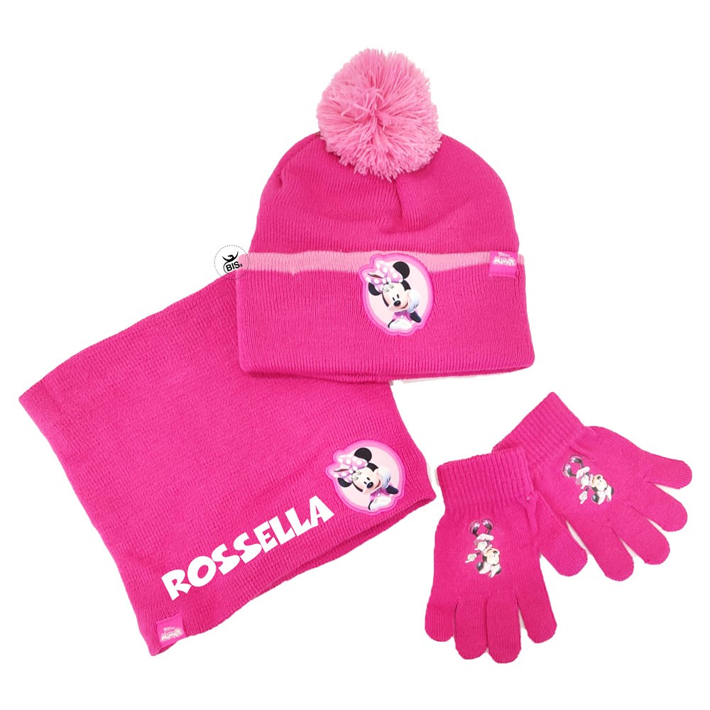 Kit cappellino, scaldacollo e guanti bimba "Minnie" fuxia