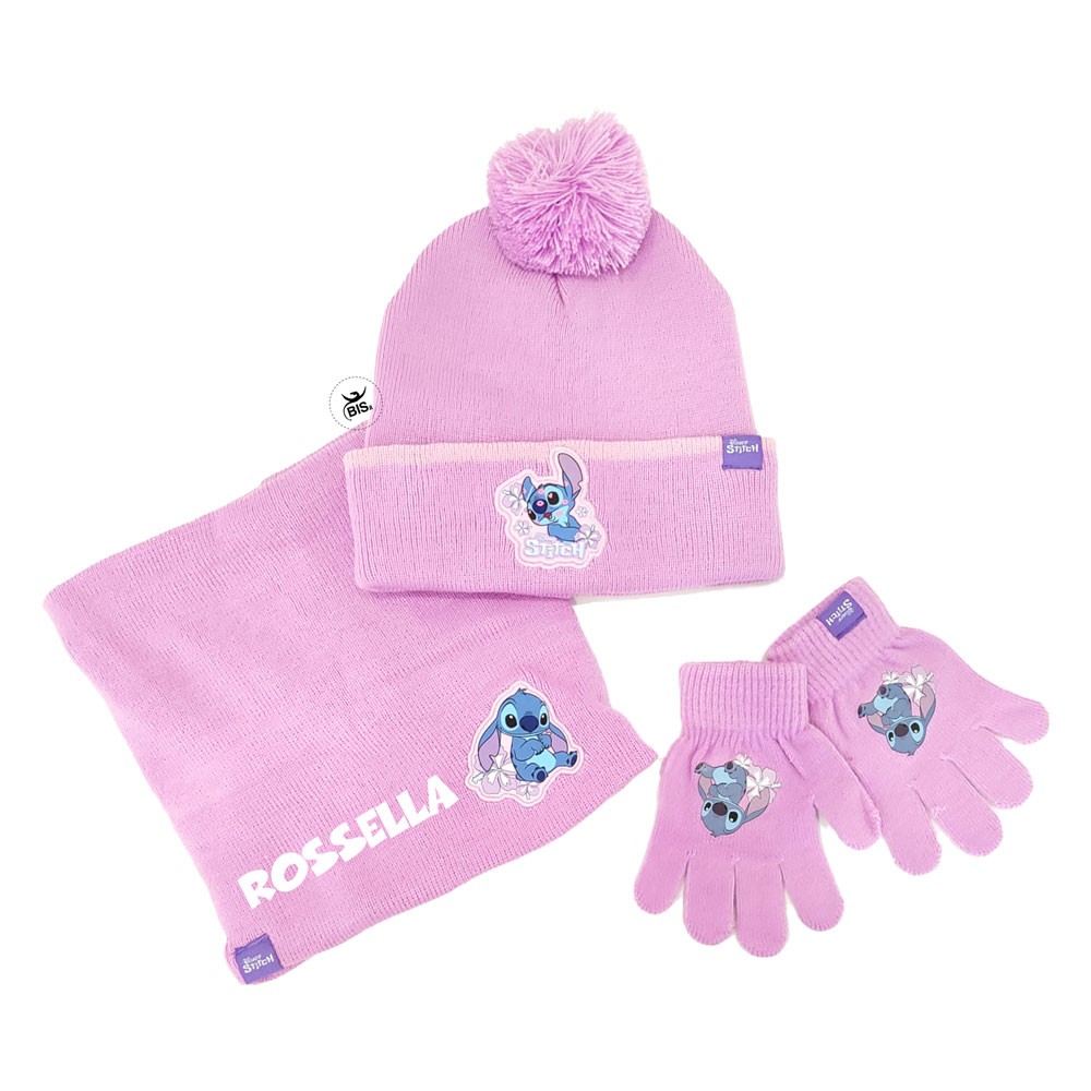 Kit scalda collo, cappellino, e guanti "Stich"  rosa