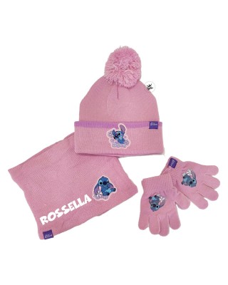 Kit scalda collo, cappellino, e guanti "Stich" lilla