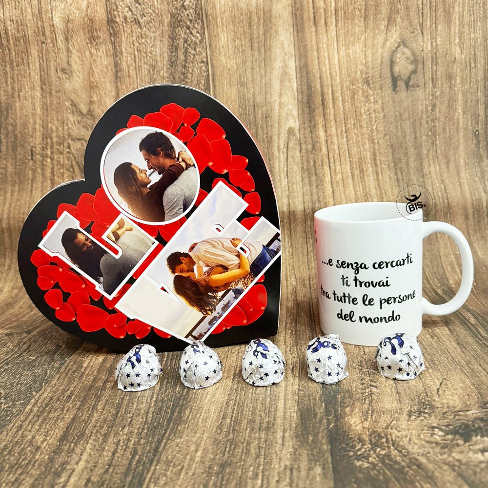scatola regalo a cuore personalizzabile e tazza con dedica san valentino