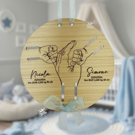 Porta braccialetti nascita in legno per gemelli personalizzabile
