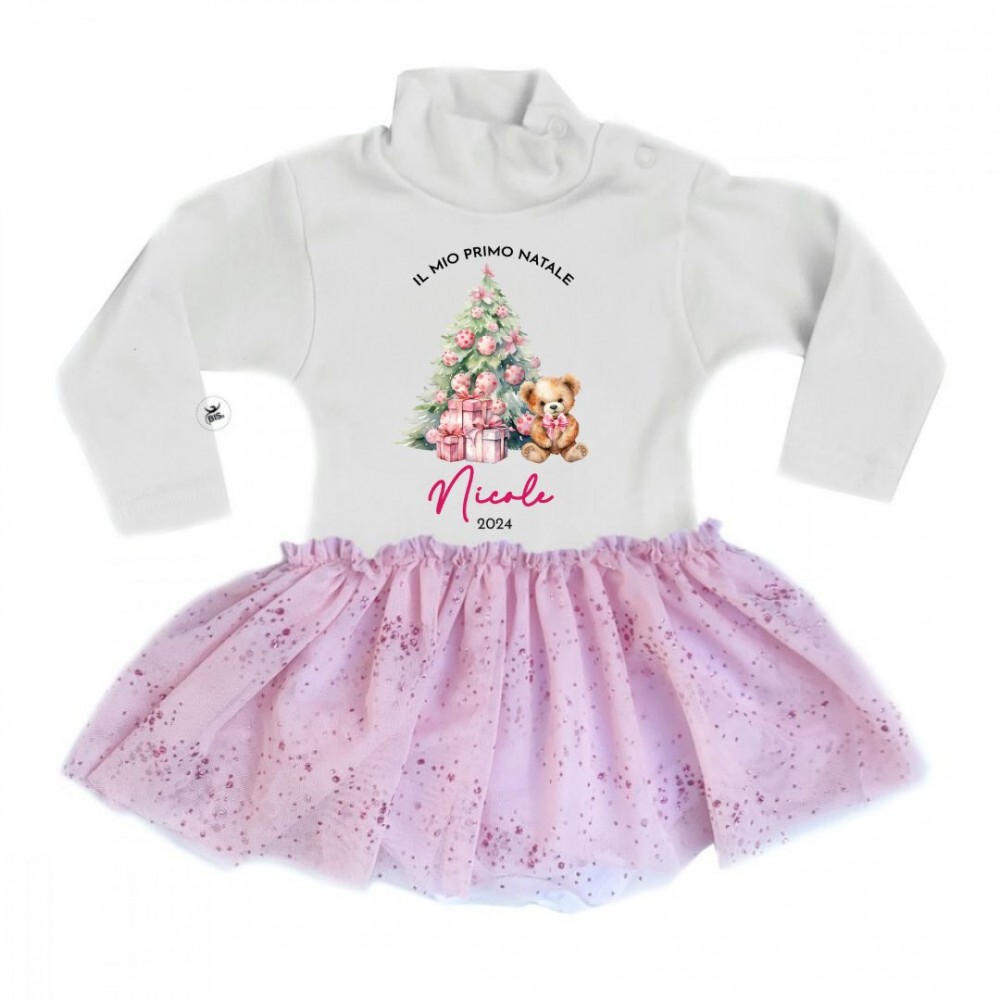 Abitino neonata con gonna in tulle glitterata "Il primo Natale" linea Xmas Magic gonna rosa Abitino neonata con gonna in tulle glitterata "Il primo Natale" linea Xmas Magic gonna rosa
