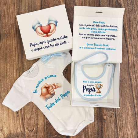 Scatola regalo pieghevole con chiusura magnetica "Prima Festa del Papà" da personalizzare con body e bavaglino