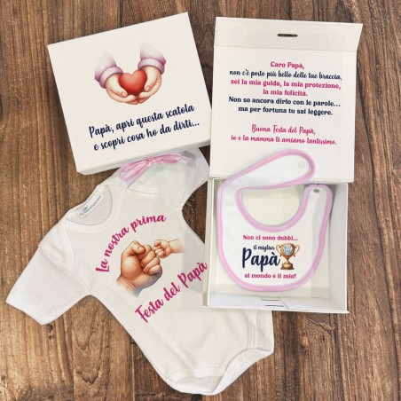 Scatola regalo personalizzata per la Prima Festa del Papà – Body e bavaglino inclusi