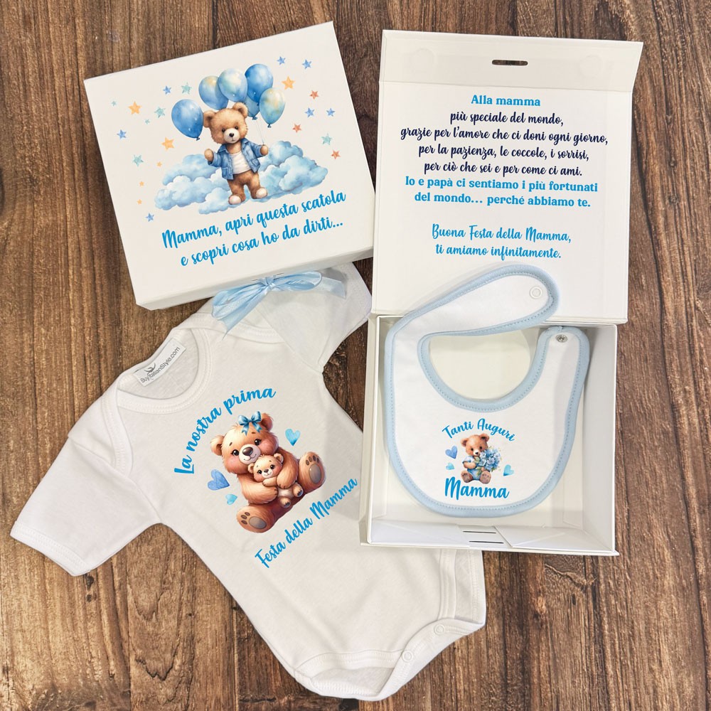 Scatola regalo pieghevole con chiusura magnetica "Prima Festa della Mamma" da personalizzare con body e bavaglino