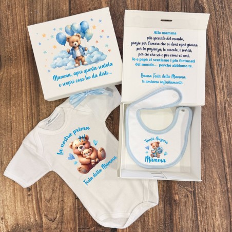 Scatola regalo pieghevole con chiusura magnetica "Prima Festa della Mamma" da personalizzare con body e bavaglino